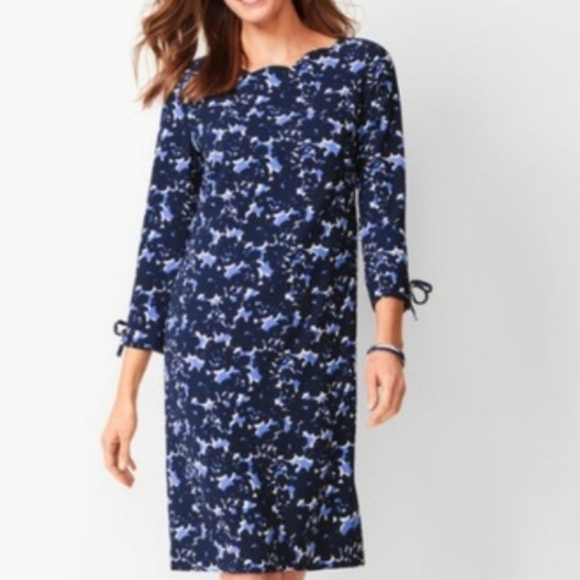 Talbots Modest Workplace Siren blue crepe shift floral dress size 10 - Picture 1 of 11